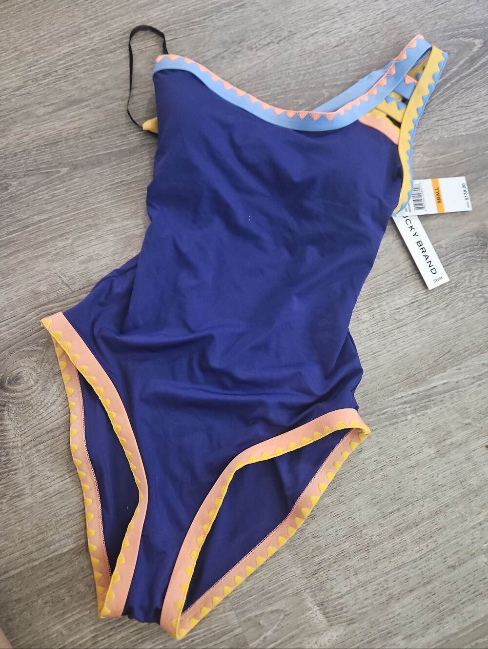 NWT Lucky Brand "Avila" One-Shoulder One-Piece Swimsuit - Navy/Multi - Size Smal